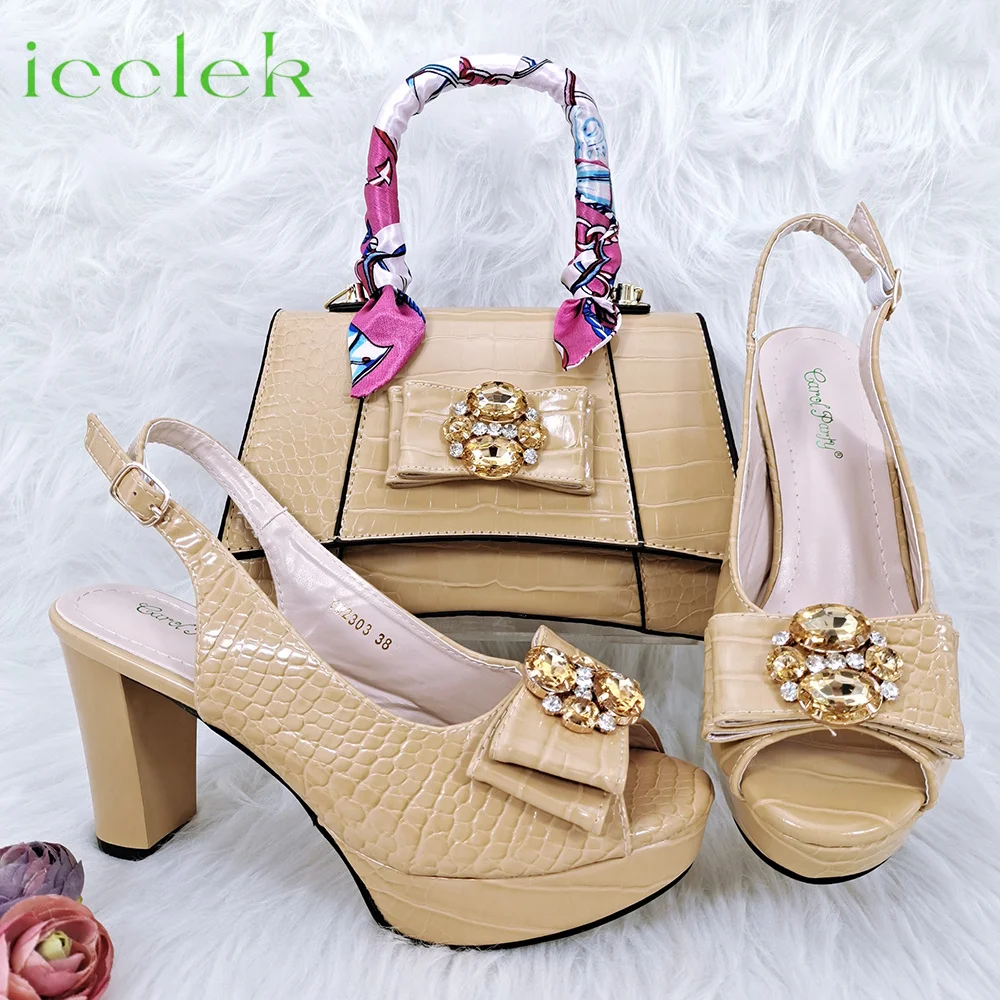 

Hot Selling Comfortable Heels Ladies Mature Style Women Shoes and Long Shoulder Strap Bag in Khaki Color