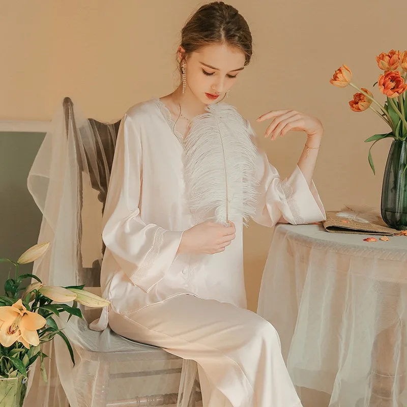 SXTHAENOO Spring Ice silk Women Pajama Set Two Pieces Long Sleeve Pants Home Clothes Night Wear Fashion Cardigan Pink Nightwear