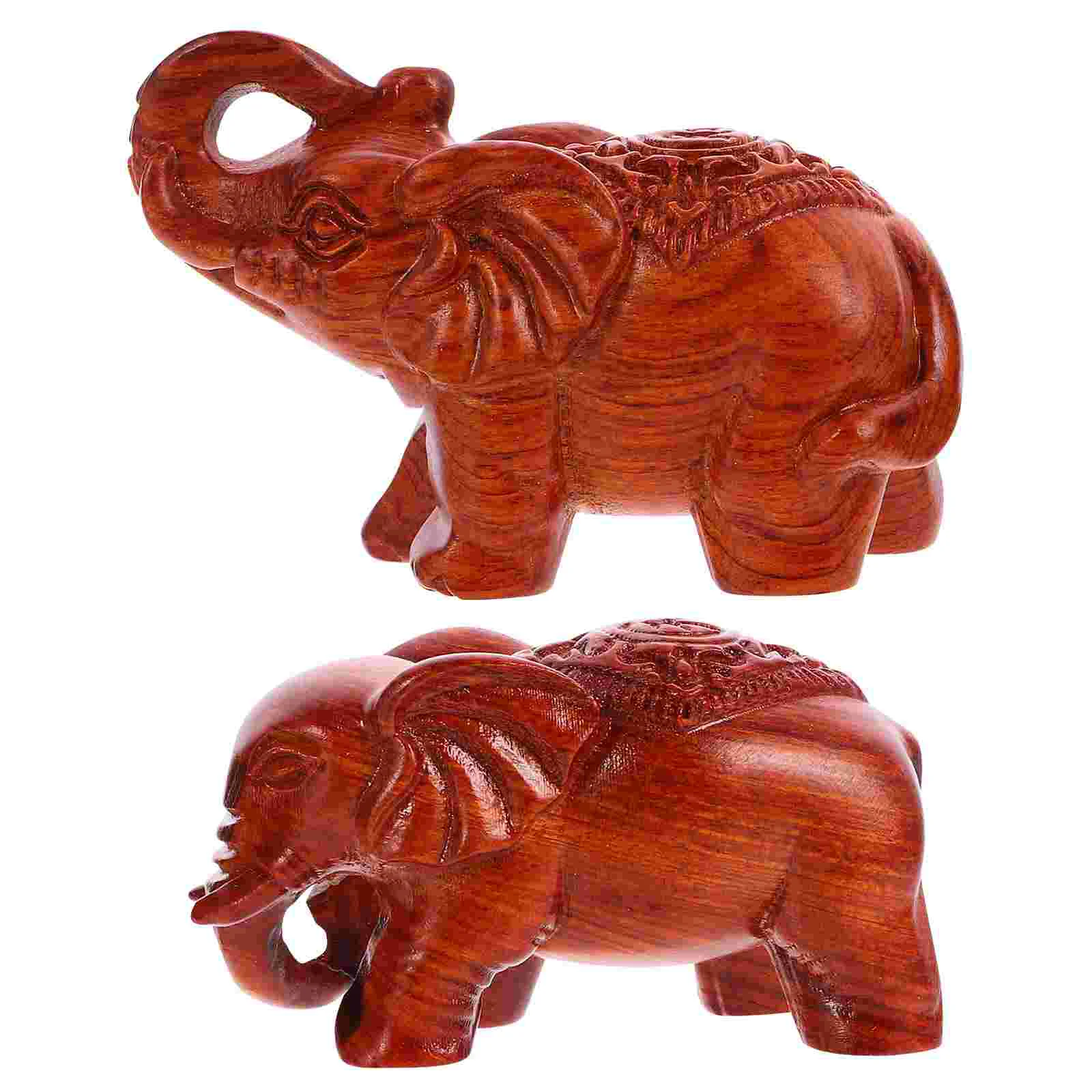 

2 Pcs Statue Wood Carving Ornaments Elephant Animal Couple Figurines Decor Statues