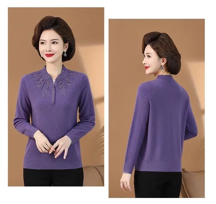 Women's Spring Autumn Sweater Diamond Keep Warm In Winter Plus Size Pullover Wool Korean Fashion Chinese Style Cheongsam Collar