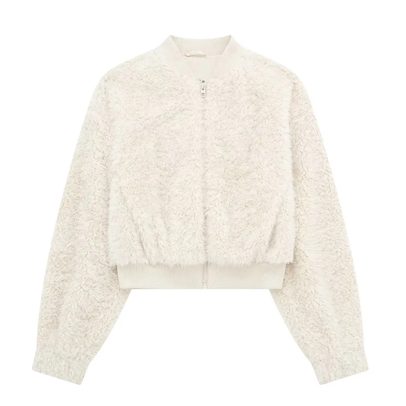 

TRAF 2023Cropped Faux Fleece Bomber Jacket Women Autumn Winter Coat Woman Fashion zip Plush Jackets Long Sleeve New In Outerwear