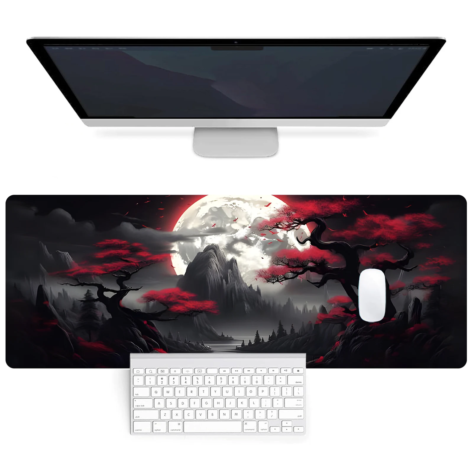 Ink Style Landscape Mountains Extended Gaming Mouse Pad - Large Non-Slip Rubber Base Mouse Pad with Stitched Edges and Washable 3