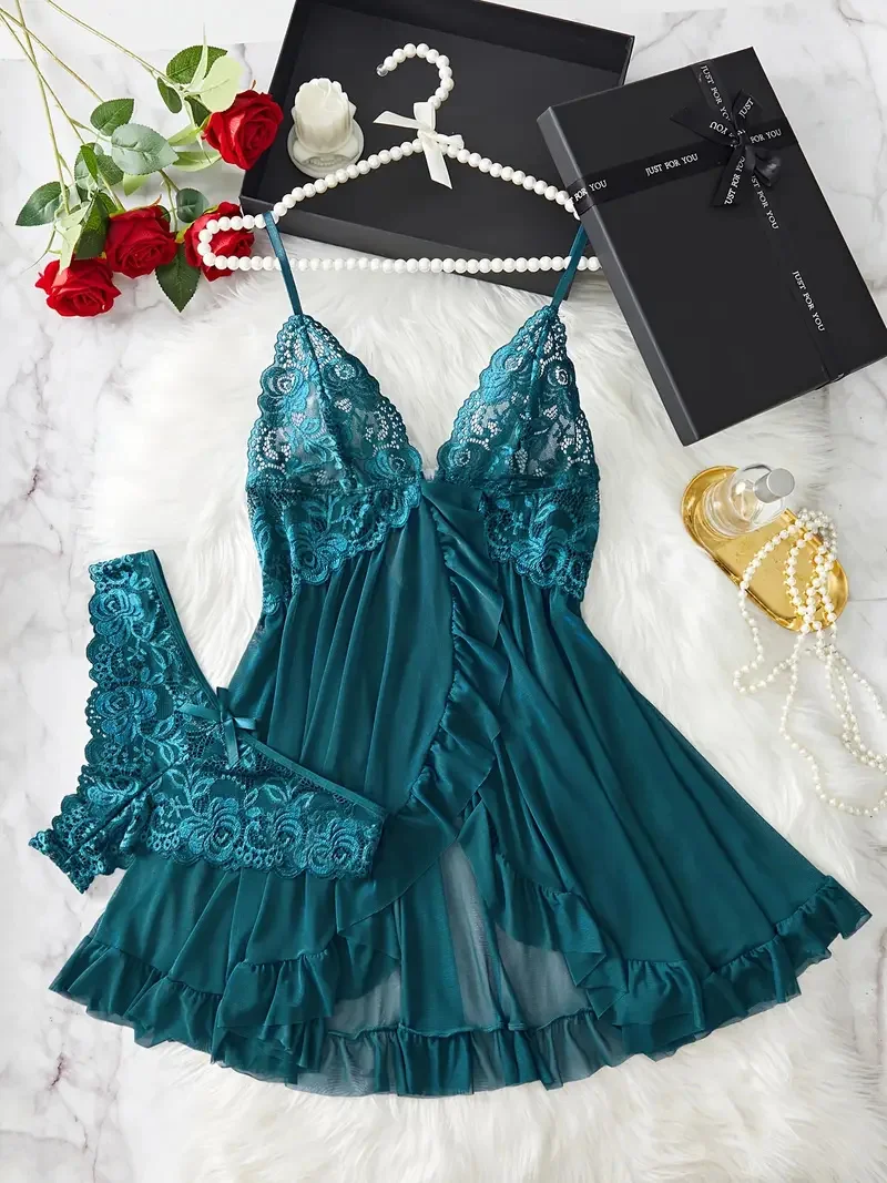 Women's Contrast Lace Ruffle Trim Lingerie Set Deep V Slip Dress & Thong  Sexy Underwear Set - AliExpress 200574005