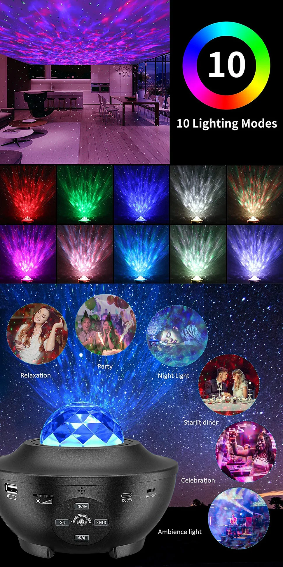 KUUPLE  Starry Sky Galaxy Projector Nightlight Child Bluetooth USB Music Player Star Night Light Romantic Projection Lamp Gifts bright night light