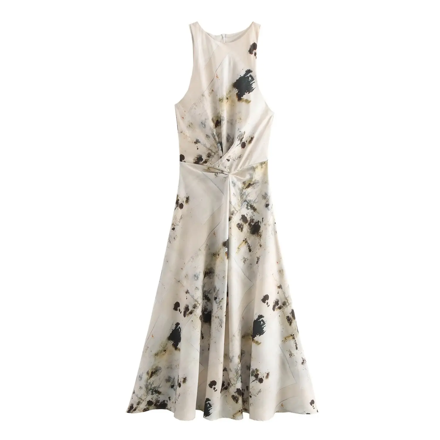 thumbnail image 1 of HH TRAF Vestido largo plisado con estampado elegante para mujer, moda de verano para mujer, cuello redondo, sin mangas, con cremallera en la espalda, vestidos largos de playa para mujer, 1 of 5