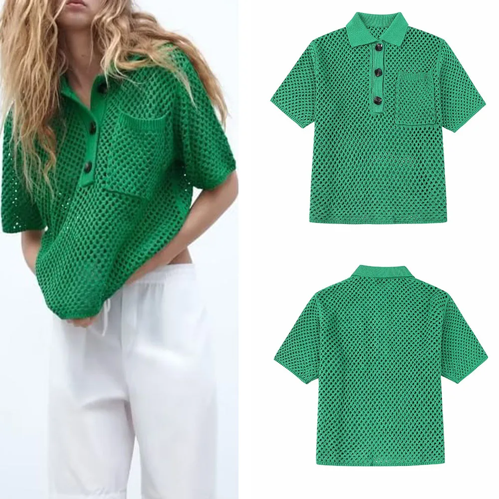 

New women's temperament fashion casual all-match Ruili sweet mesh knitted polo shirt