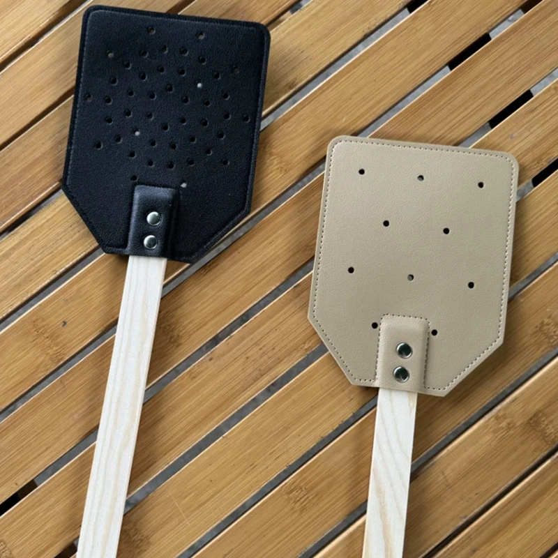 Wooden Stick Handle Mosquito Swatter Manual Fly Swatter PU Leather Mosquito