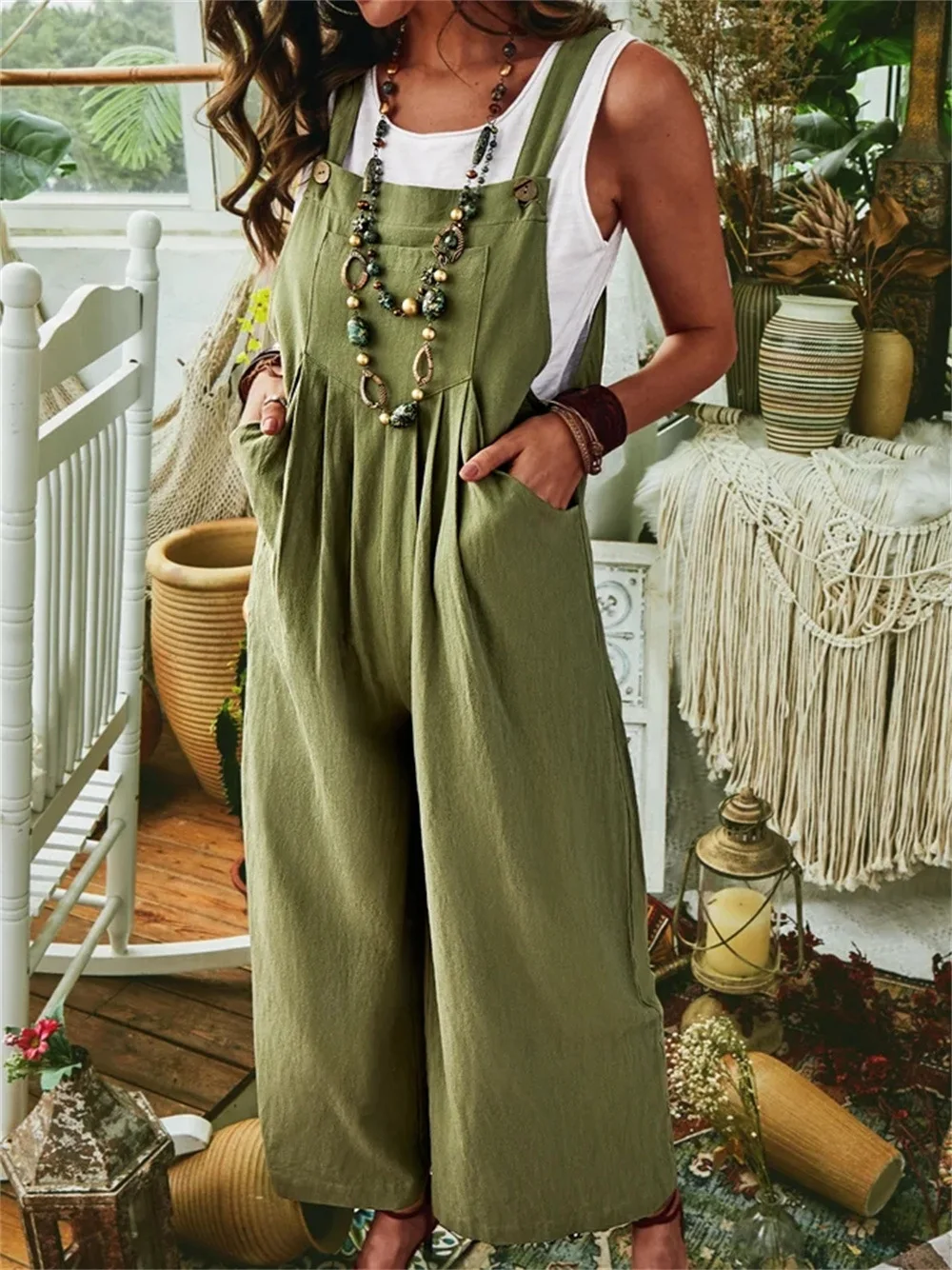 

Cotton and Linen Solid Color Sleeveless Pockets Casual Loose Fitting Suspender Jumpsuit Spring and Summer Women's Wide Leg Pants