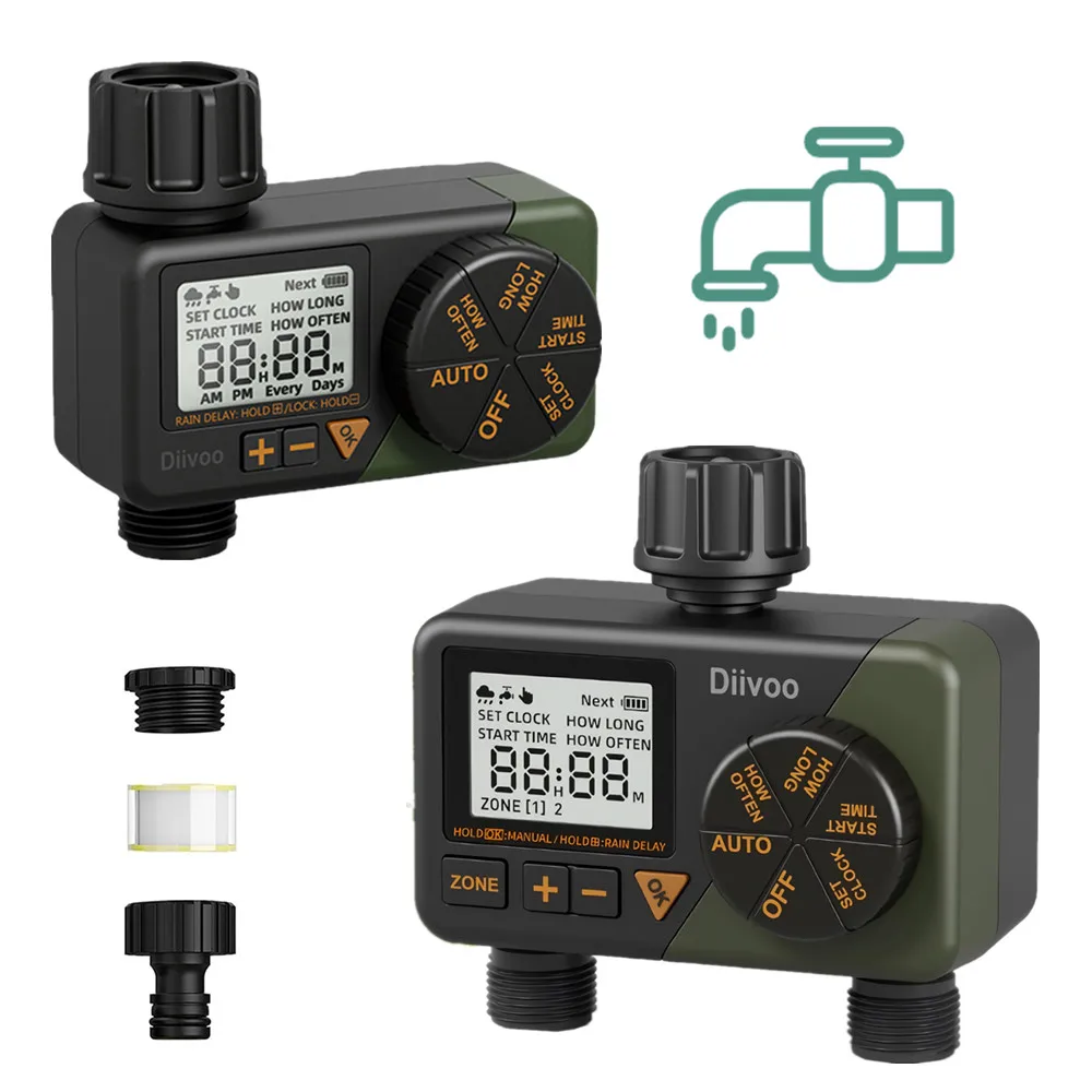 

Diivoo 1/2 Zone Watering Timer Programmable Automatic Irrigation System Drip Sprinkler Controller Valve with Manual/Auto Mode