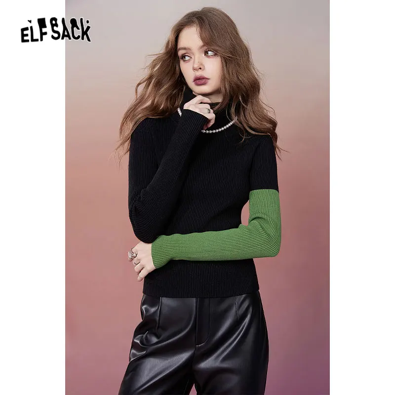 

ELFSACK Spliced Slim Turtleneck Undershirt Woman 2023 Winter New Designer Knitwears T-Shirts