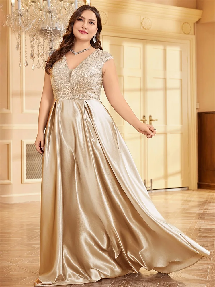 Lucyinlove Plus Size Luxury Gold Satin V-Neck Evening Dress Women Satin Wedding Party Prom Floor Lenght Cocktail Dress Gowns