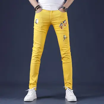 가벼운 럭셔리 남성용 슬림핏 스트레치 데님 바지, 새 자수 장식, 트렌디 청바지, 스트리트 패션, 섹시한 청바지 바지