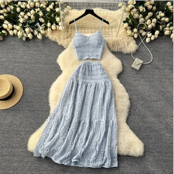 Elegant and Charming 2024 Two Piece Dress Set for Women with Flared Skirt and Solid Color  Top 1