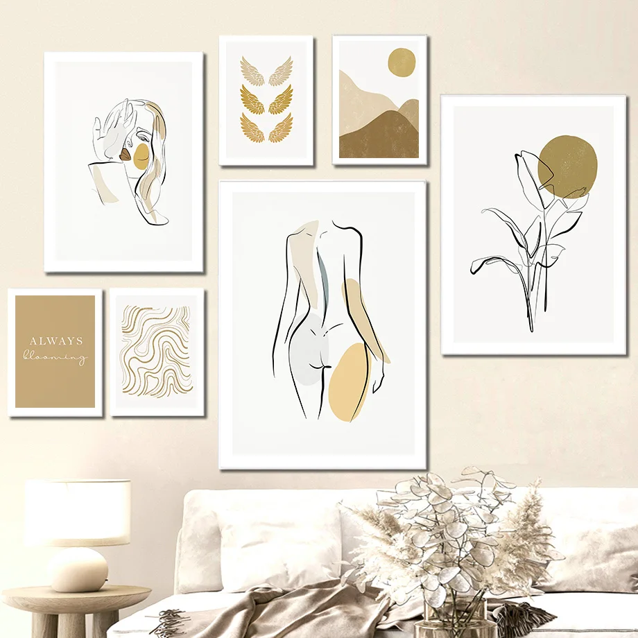 

Boho Lines Leaf Sun Mountain Woman Abstract Geometry Posters And Prints Wall Art Canvas Painting Pictures For Living Room Decor