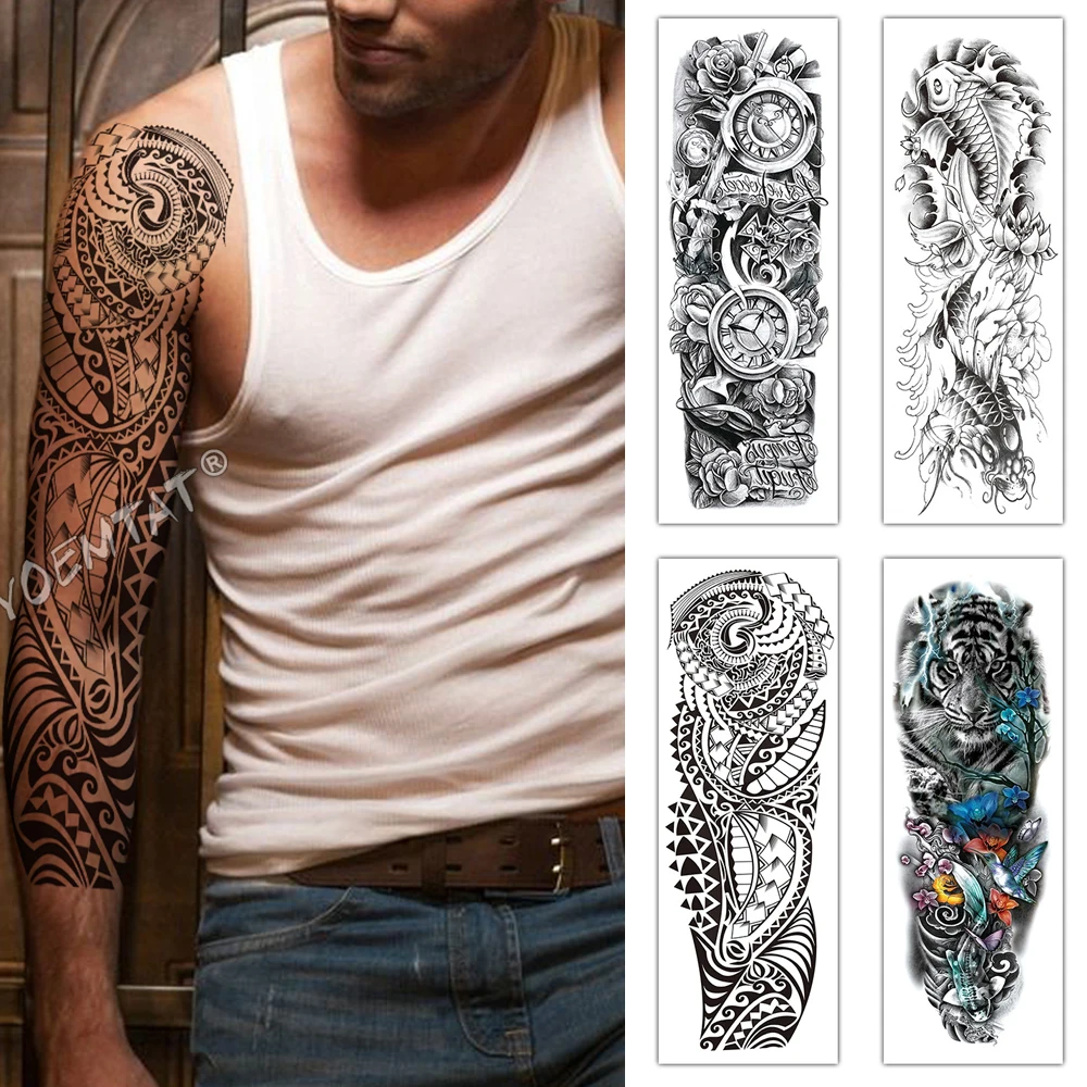 Large Full Arm Sleeve Waterproof Temporary Tattoo Sticker Tiger Carp Dragon Lotus Totem Rose Clock Fake Tatoo Body Art Men Women tattoo sticker temporary tattoos tattoo sleeve