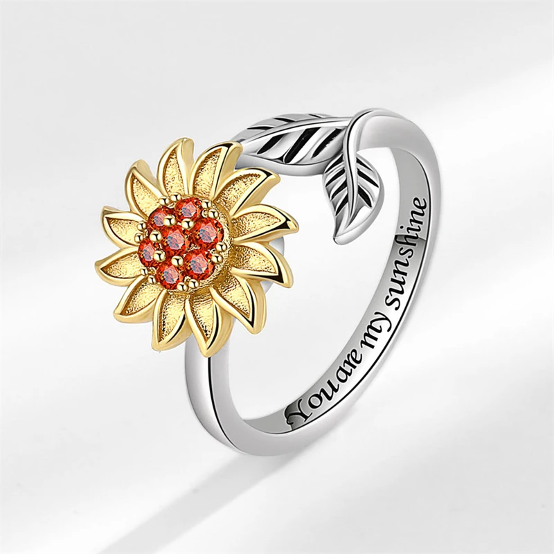 WYEAIIR Rotatable Reduce Pressure Sunflower Gold Art 925 Sterling Silver Resizable Opening Ring For Women Luxury Jewelry 4