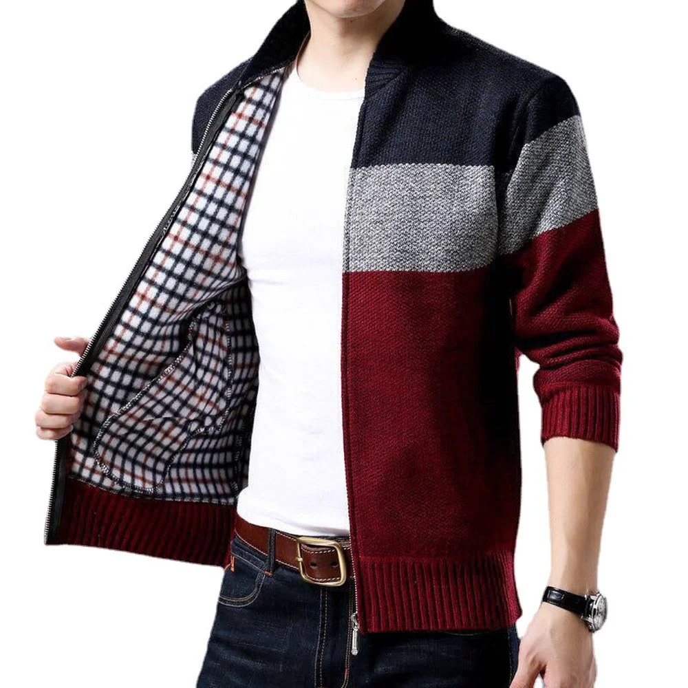 

Spring Winter Single-breasted Colorblock Sweater Size Fashion Cardigan Men's New Stand Collar Knit Jackets Coats Stitching Plus