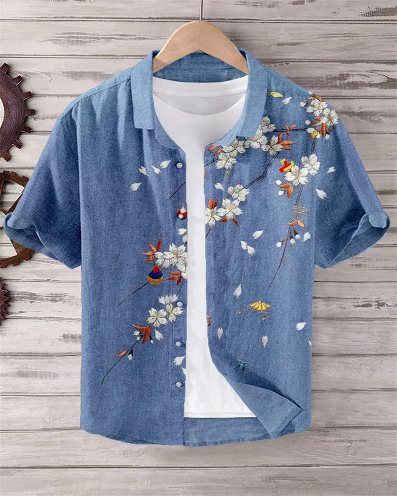 Men's Shirt Flower 3D Printed Lapel Short Sleeve Casual Loose Tops, Bamboo Linen Shirt, Fashion Clothing Tops XS-5XL
