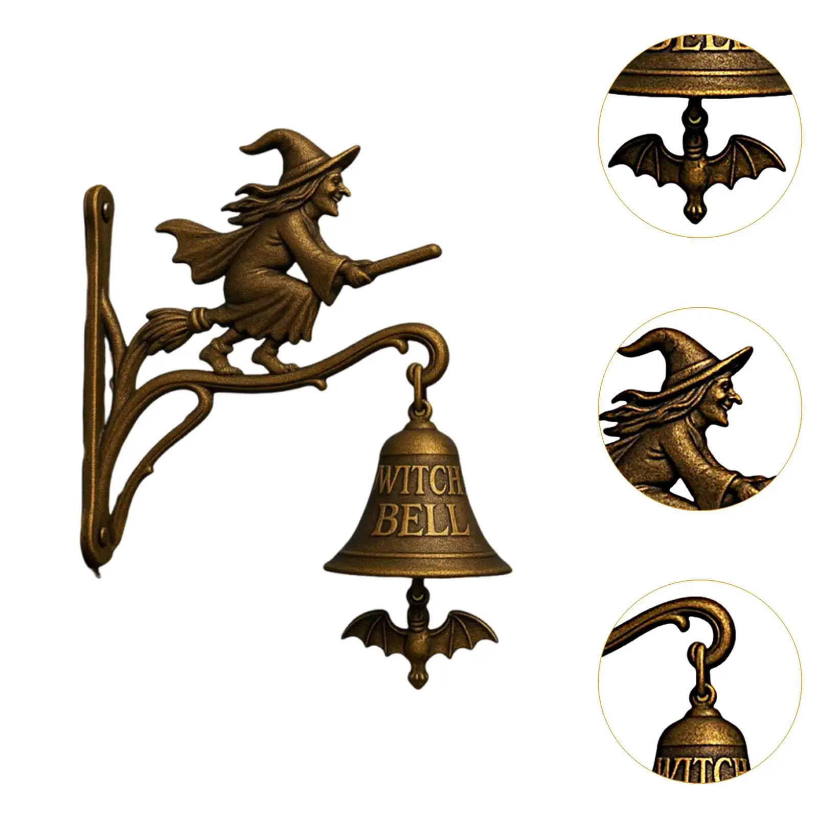 도어 벨 할로윈 마녀 빗자루 타고 골동품 스타일 장식 초인종 상점 주인 정문 농가 외부 벽 마당