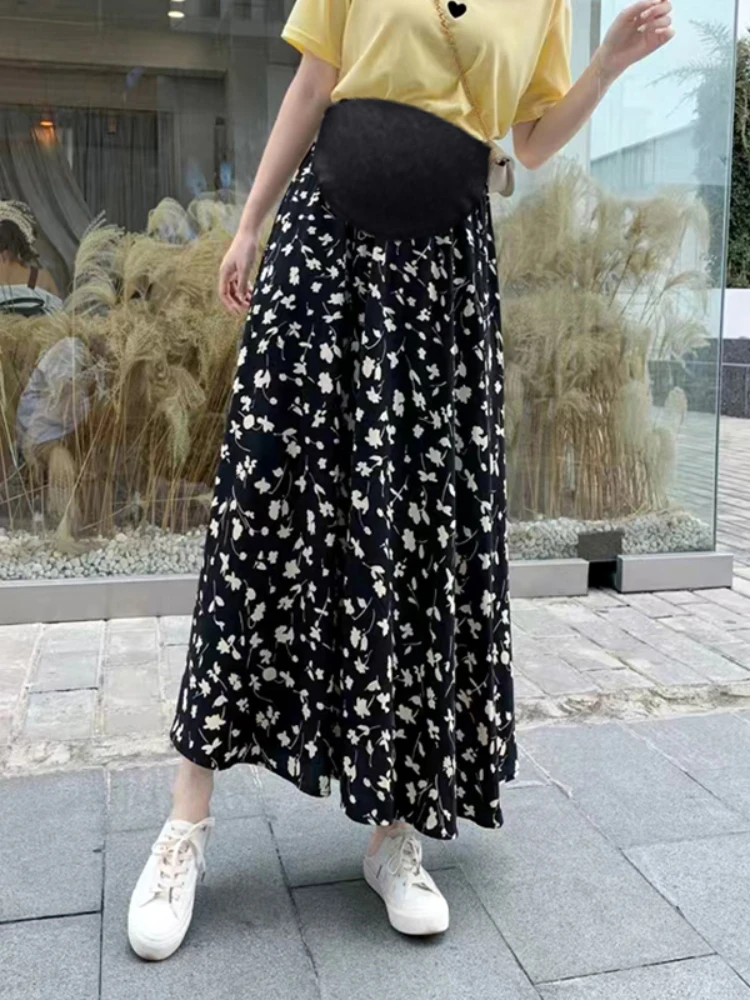 Summer Pregnant Woman Fashion Long Skirt High Waist Floor-length Maternity A-Line Skirt Plus Size Pregnancy Chiffon Floral