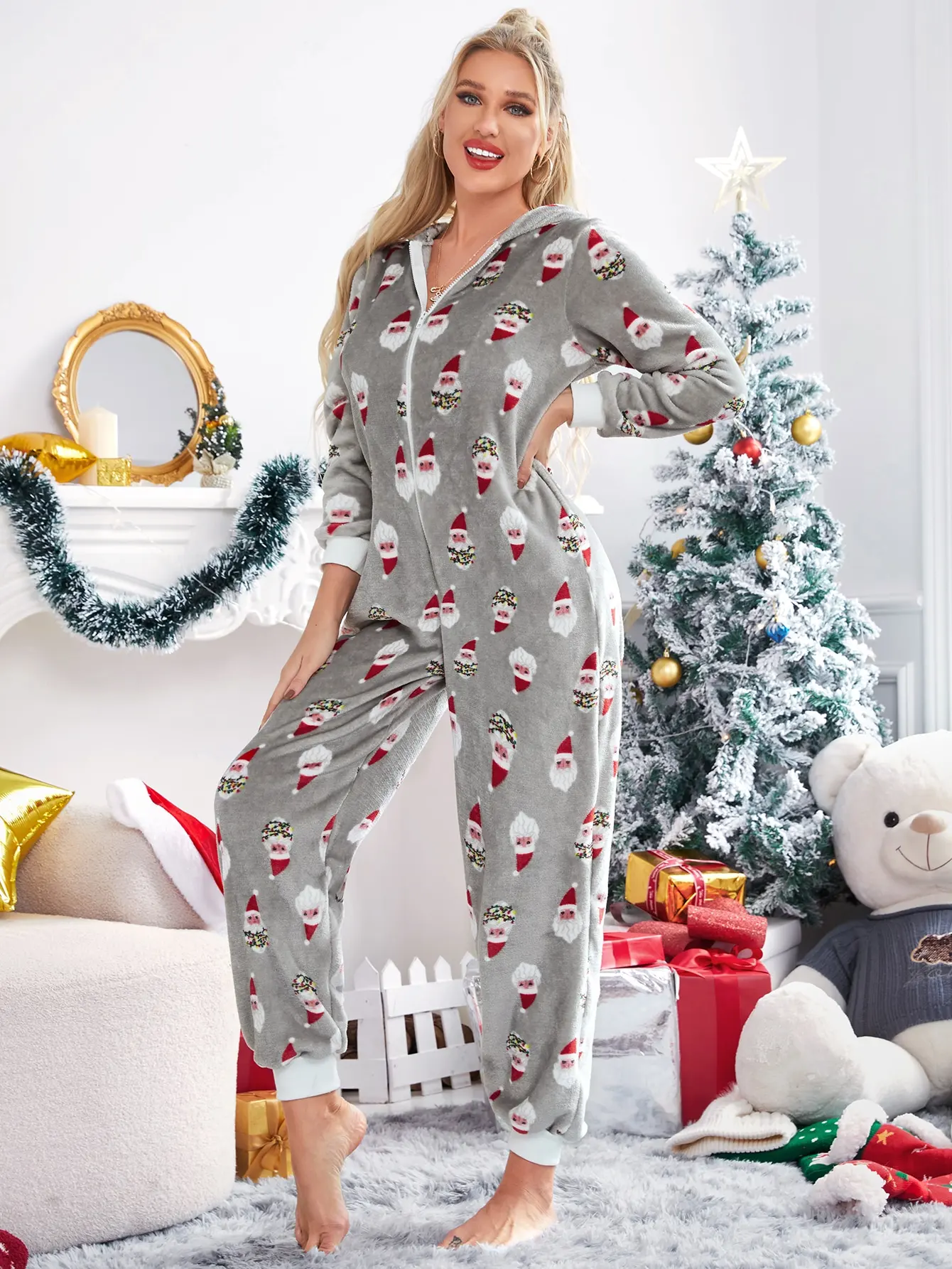 Women Bodysuit Sleep Wear Set Christmas Hooded Jumpsuit Long Sleeve Zip Up V Neck Cartoon Print Pajamas Winter Warm