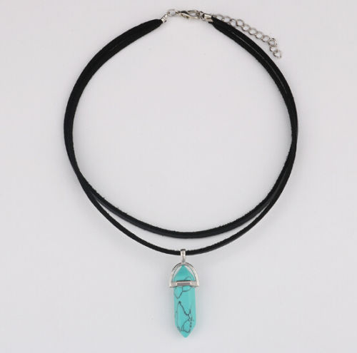 Crystal Chakra Pendulum Pendant Necklaces For Women Teens Girls Hexagonal Stone Leather Choker Chain Statement Necklace