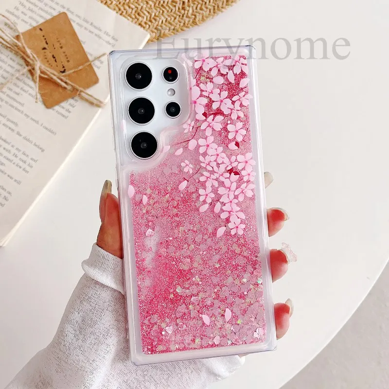 Pink Flower Butterfly Clear Liquid Glitter Quicksand Bling Case