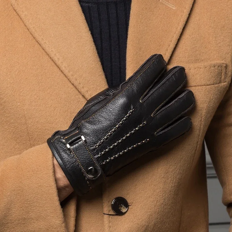 Male Leather Gloves High Quality Men Short Classic Design Black Gym Luvas Car Driving Gloves For Winter Man Velvet Warm Mittens