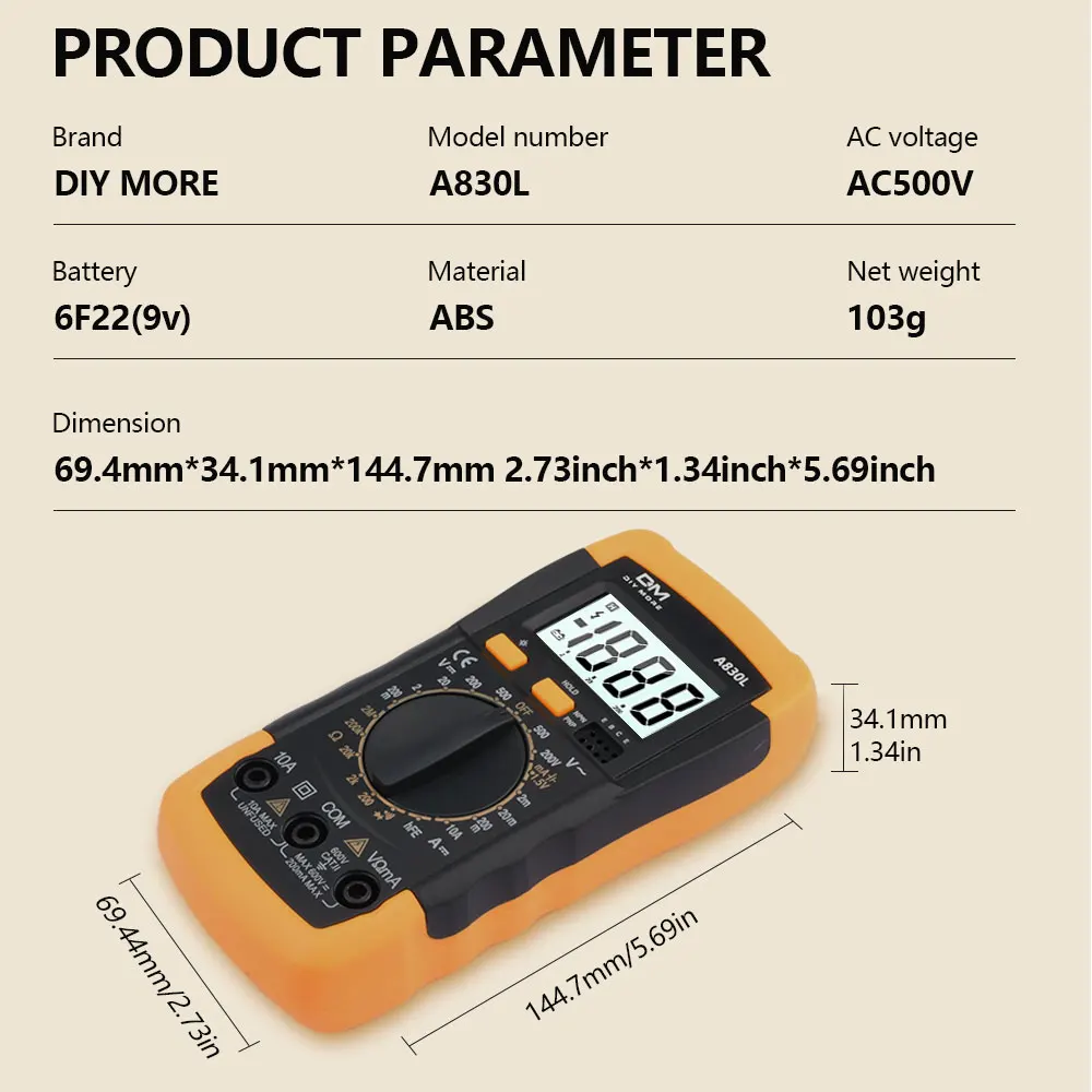 A830L LCD Digital Multimeter AC DC Voltage Diode Buzzer Function Freguency Multitester Current Tester Luminous Display digital multimeter multimeter tester