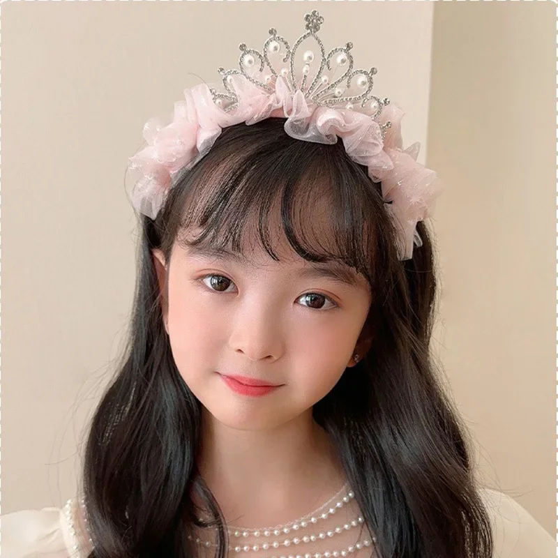 Baby Rhinestone Lace Princess Hair Band for Kids Girls Cute Crown Pearl Hair Hoop Birthday Party Children Christmas Accessories