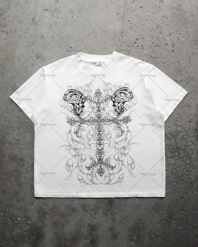 T-shirt Women Men American Street Fashion Brand Y2k Cross Skull Print Oversized Short-sleeved Retro Harajuku All-match Loose Top