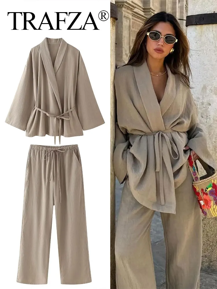 TRAFZA Woman 2 Piece Trousers Set Solid V Neck Long Sleeves Loose Lace Up Top + Elastic Waist Wild Women's Wide Leg Long Pant