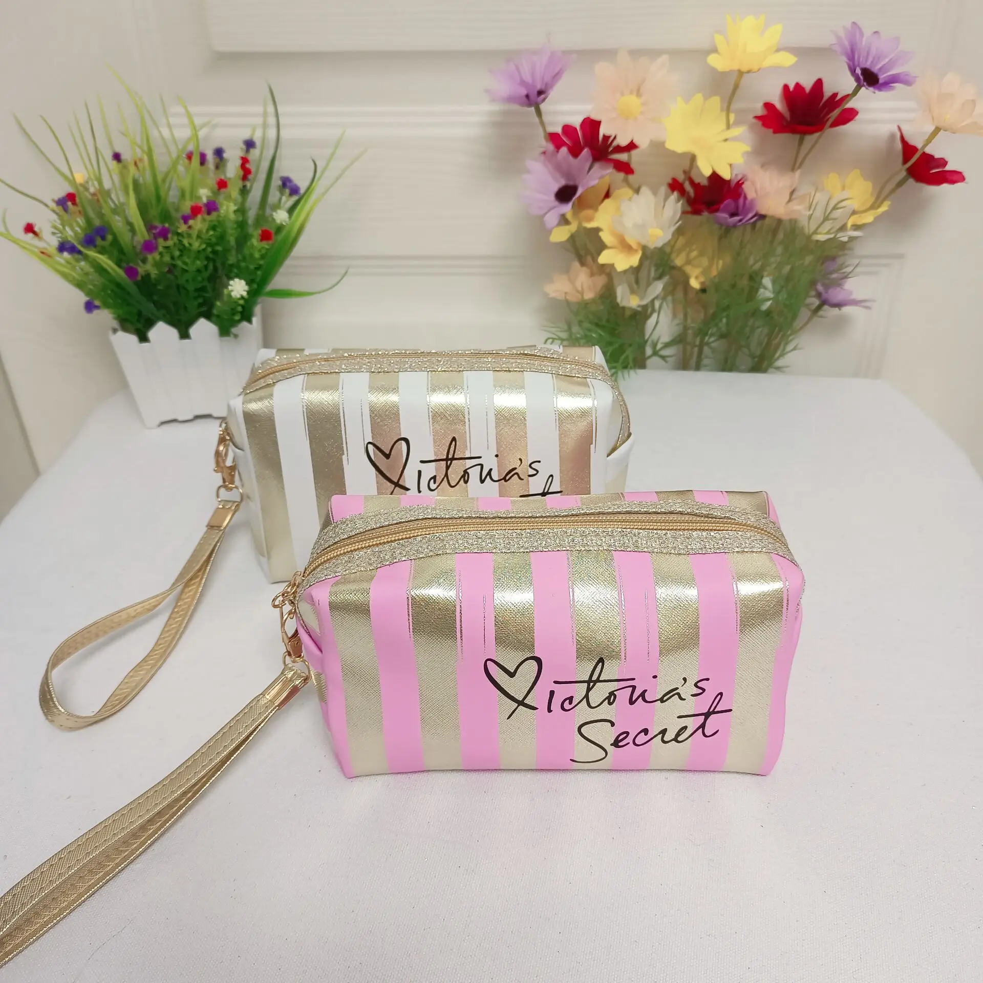 Cosmetic Bag Portable Stripe Makeup Bag Small Handheld Waterproof