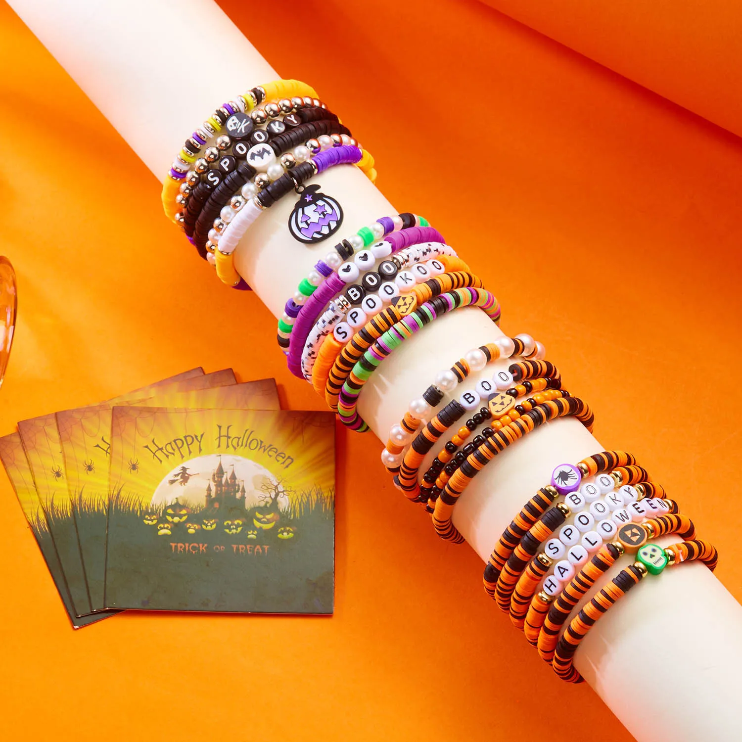 Halloween Skelett Geist Mehrschichtiges gestapeltes Armband-Set für Damen Herren Totenkopf Fledermaus Kürbis Kristall Perlen Schmuck Festival Geschenk – Detail 1