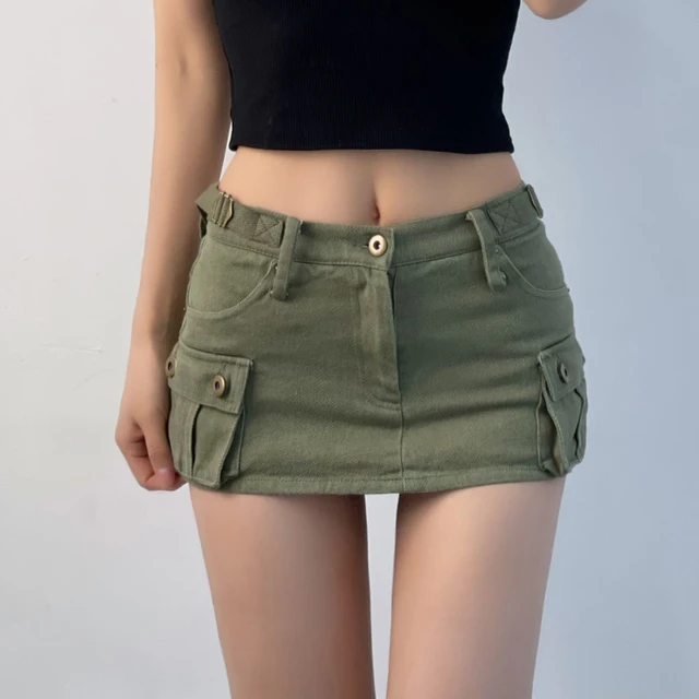 DEEPTOWN Denim Cargo Mini Skirt Women Korean Style Low Waist Slim Sexy Vintage Streetwear Green Jean Skirt Y2k Girl Summer