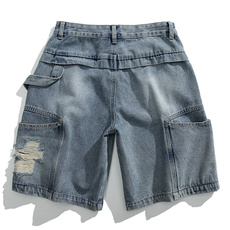 Multi Pocket Cargo Denim Shorts Summer Men Casual Loose Ripped Jeans Shorts Streetwear Harajuku Hip Hop