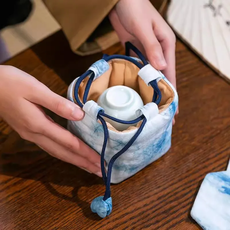Chinese Zen Style Handmade Tie-Dye Tea Cup Pouch - Thickened Portable Storage Bag for Zisha Teapot & Fast Tea Set