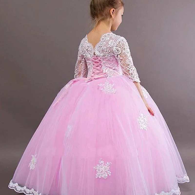 

Flower Girl Dresses White Puffy Tulle Appliques With Bow Long Sleeve For Wedding Birthday Pageant First Communion Gowns