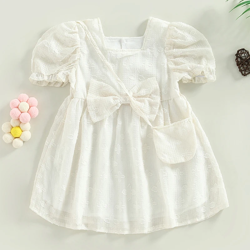 

Toddler Kids Girls Dress Flower Jacquard Square Neck Short Sleeve Bowknot Dress Summer Princess Dress with Crossbody Bag Set