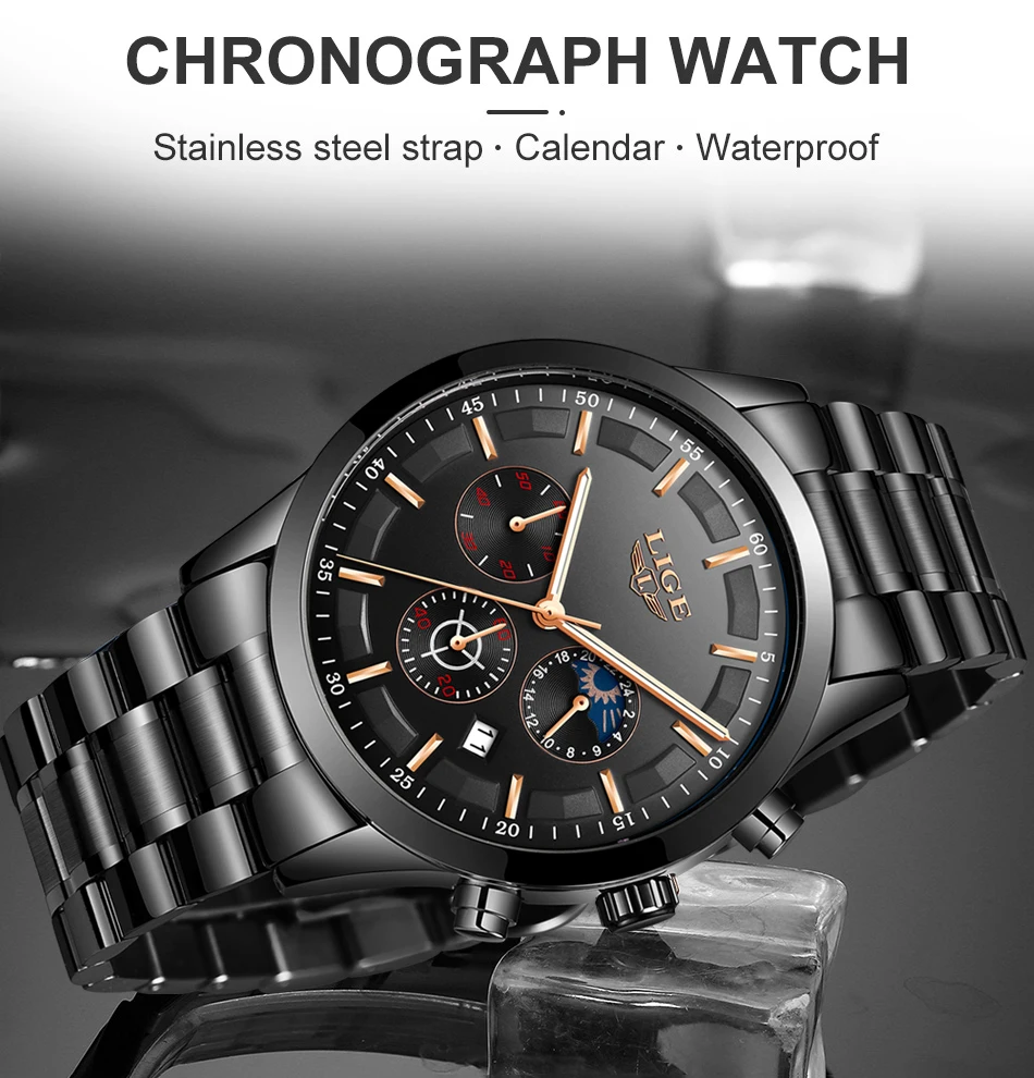 LIGE Men Watches Steel Wristwatch Sport Waterproof Chronograph Analog Quartz Watch Man Business Date Clock Luxury Watch for Men