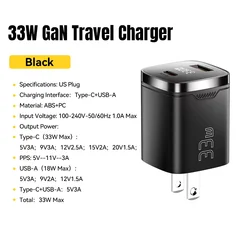 33W GaN USB Fast Charger with Digital Display - Black US Plug