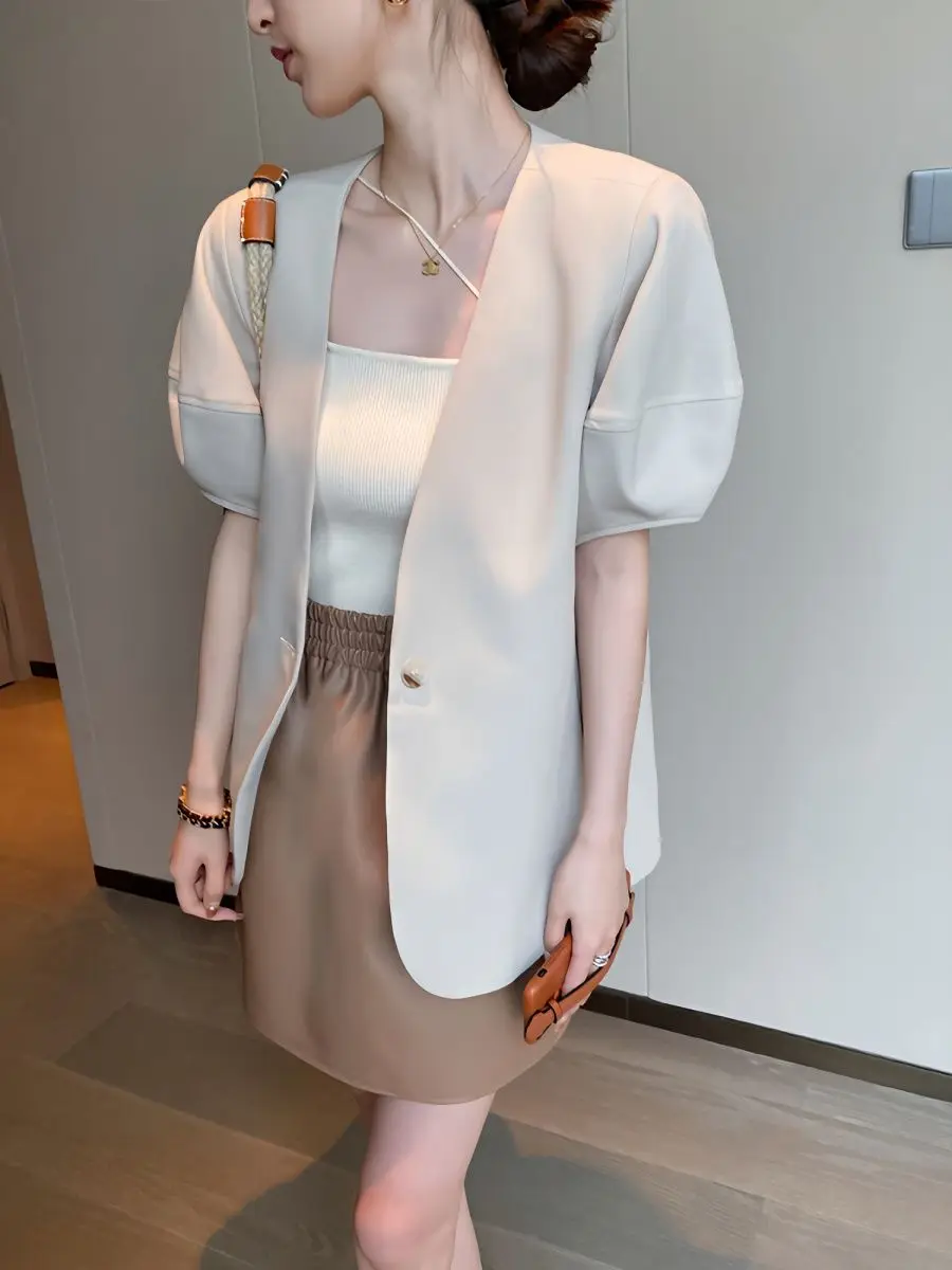 Spring Summer Luxury Short Sleeve Blazer Women V-neck Korean Fashion Suit Office Ladies Casual Loose High Quality Jacket top women button up shirt lace collar elegant blouses summer 2021 plus size office ladies clothing short sleeve korean fashion