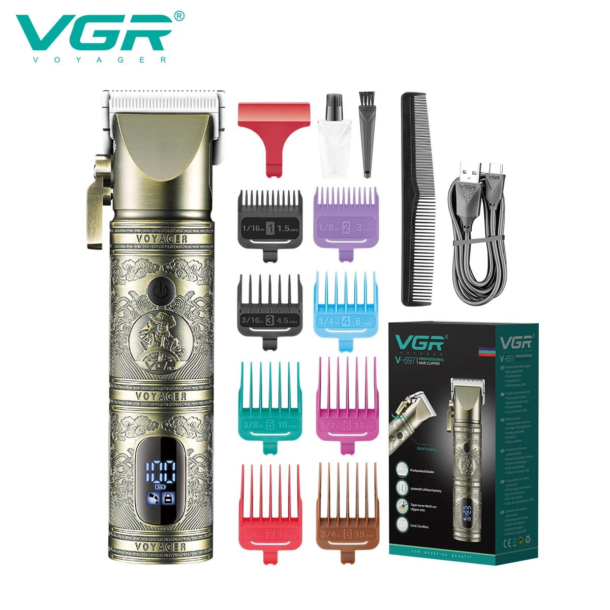 

VGR Hair Clipper Professional Hair Cutting Machine Adjustable Hair Trimmer Cordless Barber Digital Display Clipper for Men V-697