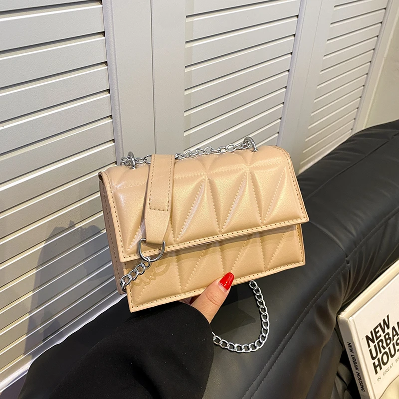 Solid Plaid Crossbody Bags For Women, Chain Decor Fashion Shoulder Bag Ladies For Daily Used