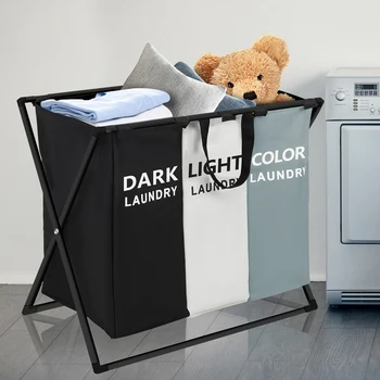 3 Sections Divided Laundry Basket Large Laundry Hamper Foldable Washing Bin Dirty Cloth Storage Bag Home Storage 1