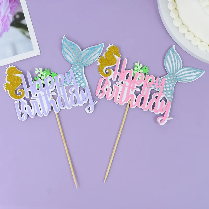 

1pc Mermaid Tail Party Cake Toppers Happy Birthday Cake Topper Birthday Party Decorations Kids Under The Sea Party Supplies