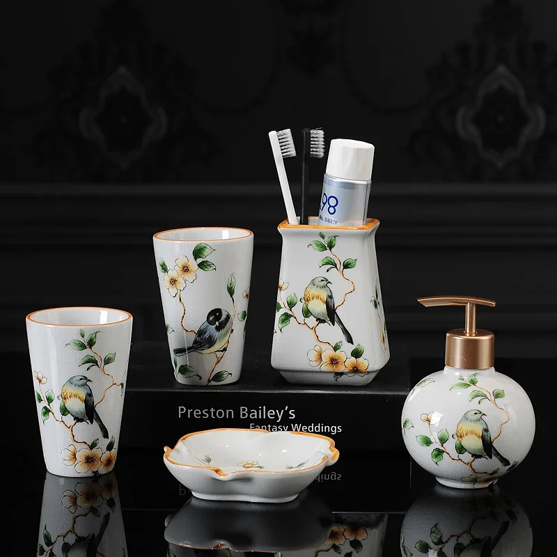 Bathroom Set Ceramic Liquid Soap Dispenser/Dish Toothbrush Holder Gargle Cup 5 Piece Flower & Bird Wedding Gift Birthday Present