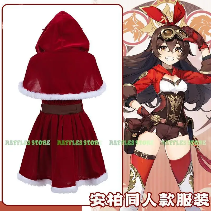 Genshin Amber Christmas Cosplay Costume Red Dress Wig Halloween Anime Cosplay Clothes Cute Sexy Hot Amber Doujin Women Suit