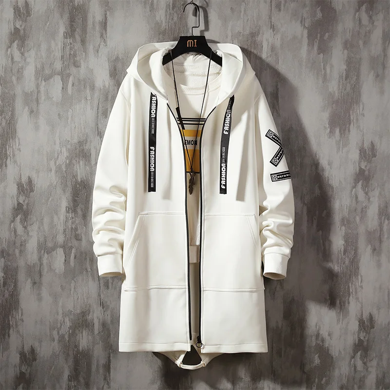 Men Trench Coat 2023 Fashion Printed Streetwear Hooded Harajuku Windbreaker Slim Fit Ribbons Outwear