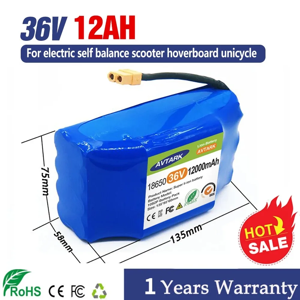 

2024 Upgrade 36V Battery pack 12000mAh Rechargeable Lithium ion battery for Electric self balancing Scooter HoverBoard unicycle
